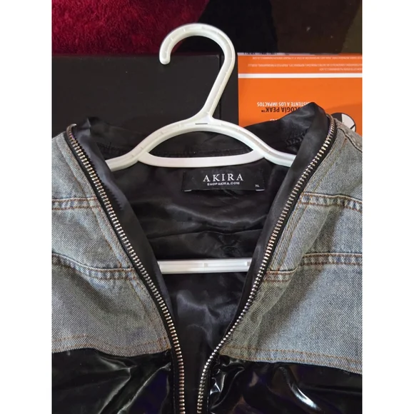 Women's AKIRA Black Light Blue Denim Shiny Bomber Jacket XL - Picture 3 of 3